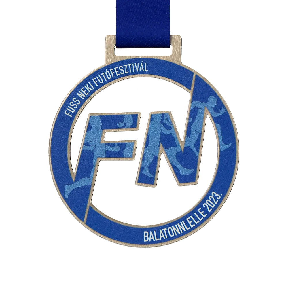 Blaue runde Laser-geschnittene Medaille mit "FN" Schriftzug