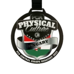 Runde, metallene Medaille mit Druckmotiv zum Thema Kraftsport