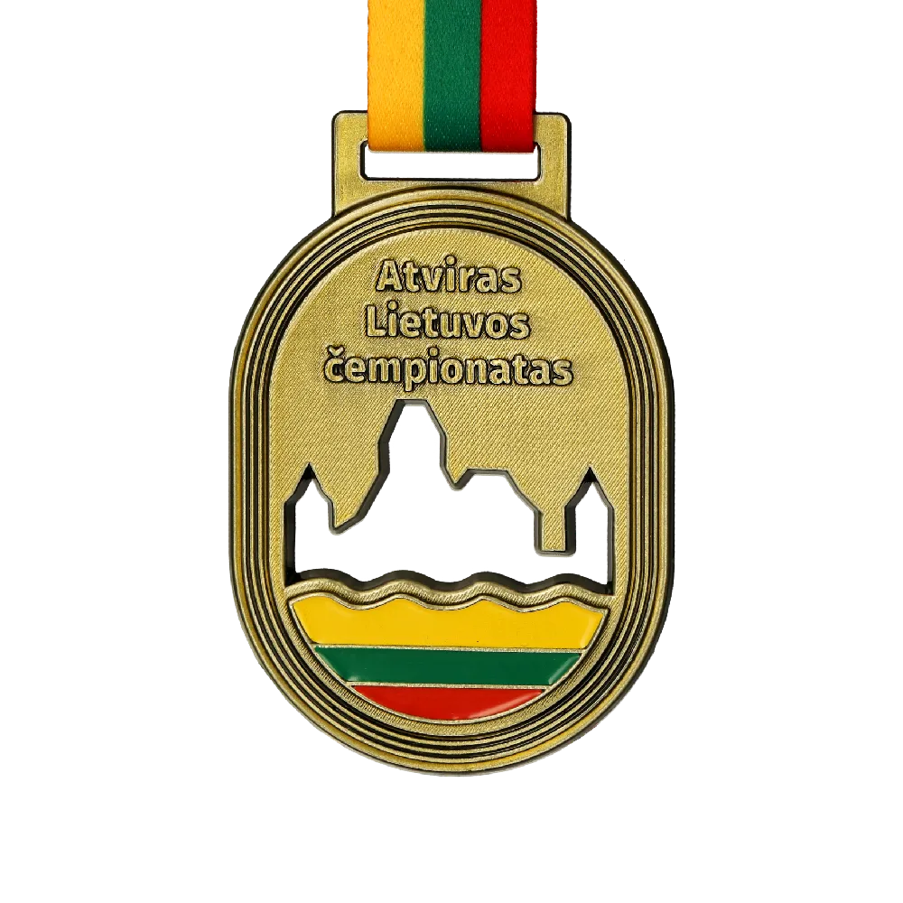 Goldene ovale Medaille mit Ausschnitten und der Flagge Litauens