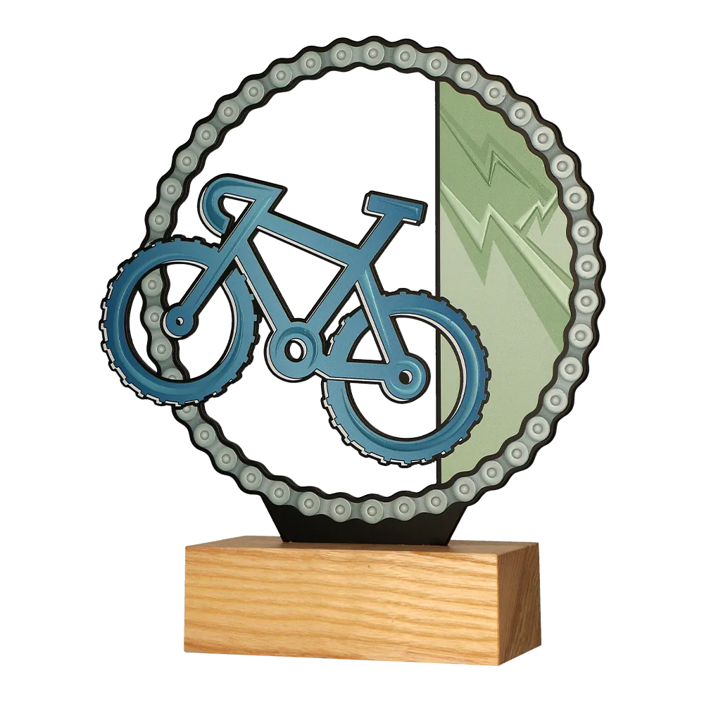 Metalltrophäe in Form eines Fahrrads und einer Fahrradkette auf einem Holzsockel